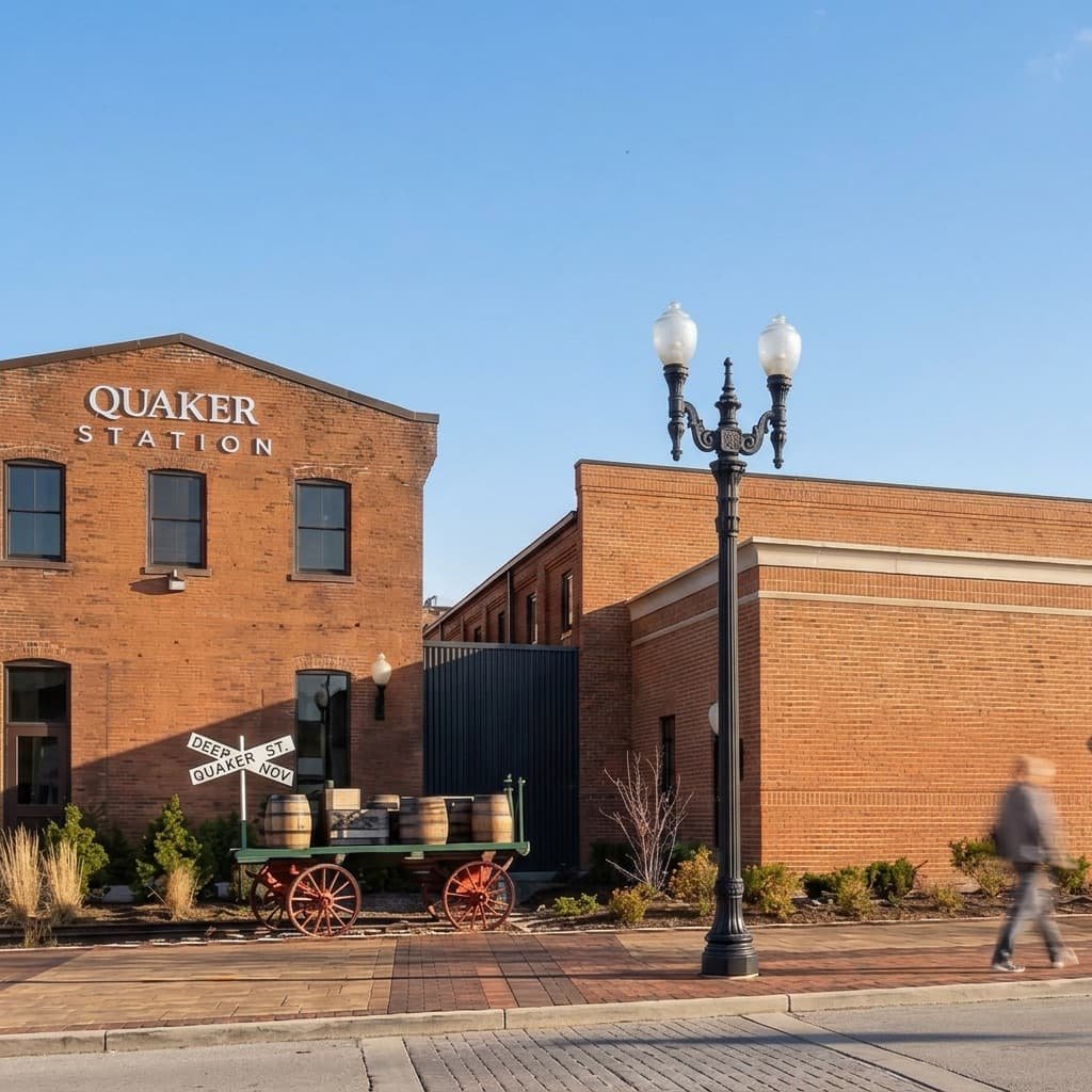 Quaker Station features a historic brick building, on a sunny day.